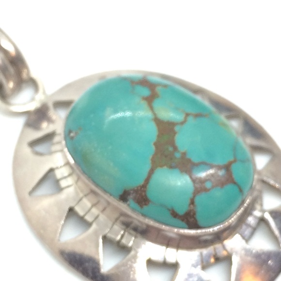 TURQUOISE STERLING SILVER PENDANT BOHO SOUTHWESTERN SUNBURST DESIGN 925 VINTAGE - Picture 7 of 14
